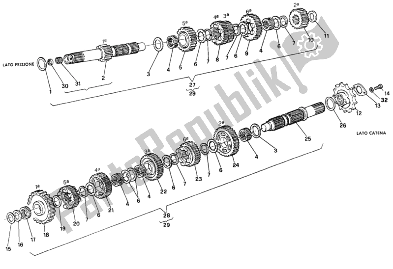 All parts for the Gear Box of the Ducati Paso 907 I. E. 1990